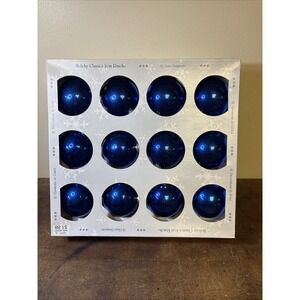 Vtg Rauch 2" Blue Glass Bulbs Ball Ornaments Metal Tops Made In USA Set 12 Shiny